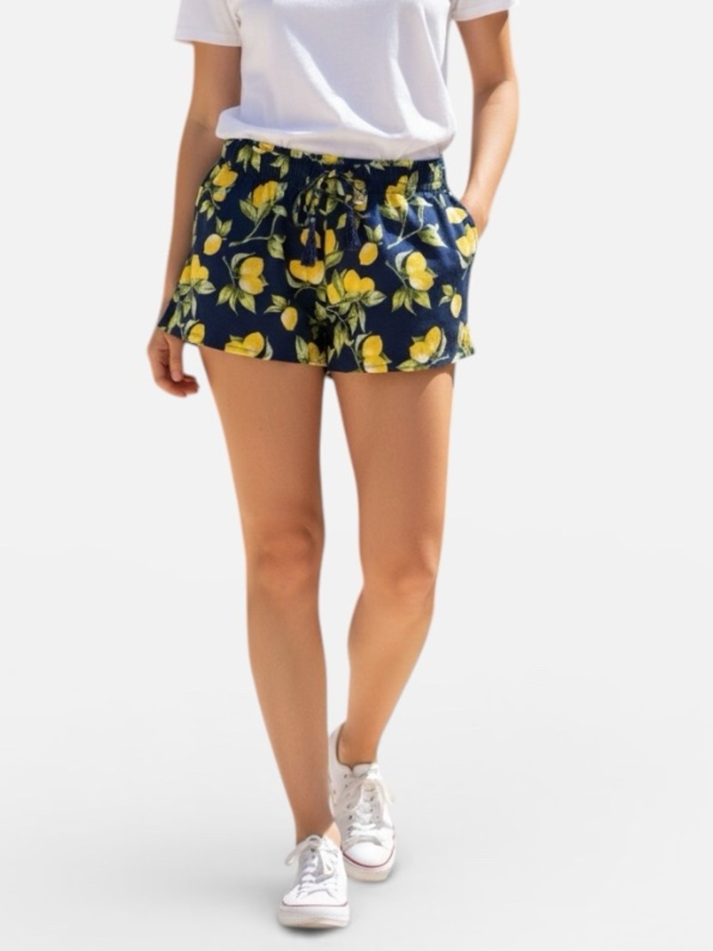 City Streets Navy Lemon Print Elastic-Waist Shorts. Tie with Tassels